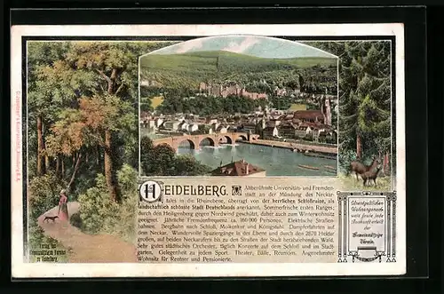 AK Heidelberg, Teilansicht mit Brücke, Passepartout