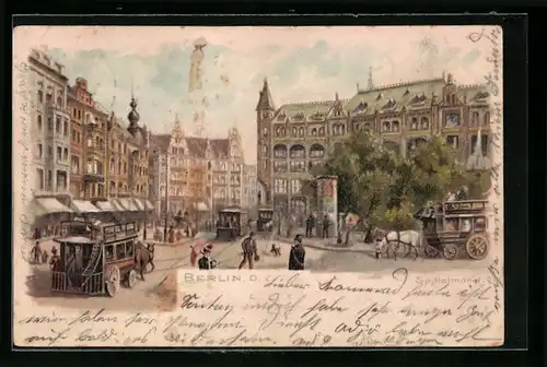 Lithographie Berlin, Spittelmarkt mit Pferdebahn