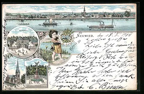 Lithographie Neuwied, Schloss, Evangelische Kirche, Kriegerdenkmal