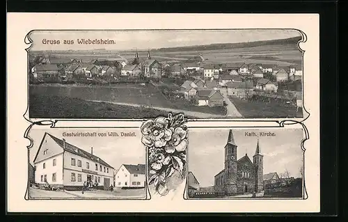 AK Wiebelsheim, Gasthaus von Wilh. Daniel, Katholische Kirche, Teilansicht