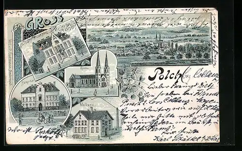 Lithographie Polch, Molkerei, Hospital, Kirche
