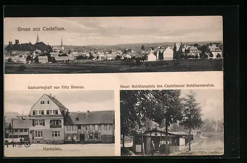 AK Castellaun, Gasthaus v. Fritz Simson am Marktplatz, Neuer Schützenplatz des Castellauner Schützenvereins, Teilansicht
