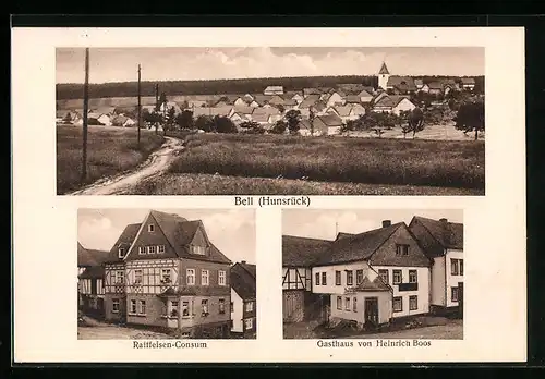 AK Bell /Hunsrück, Gasthaus von Heinrich Boos, Raiffeisen-Consum, Teilansicht