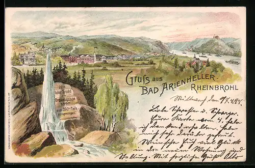 Lithographie Bad Arienheller-Rheinbrohl, Panorama und Sprudel