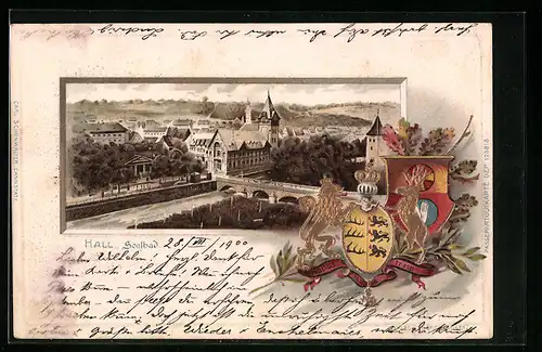 Passepartout-Lithographie Hall, Soolbad, Wappen