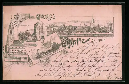 Lithographie Eltville am Rhein, Burg Eltville, Brug Crass, Kirche
