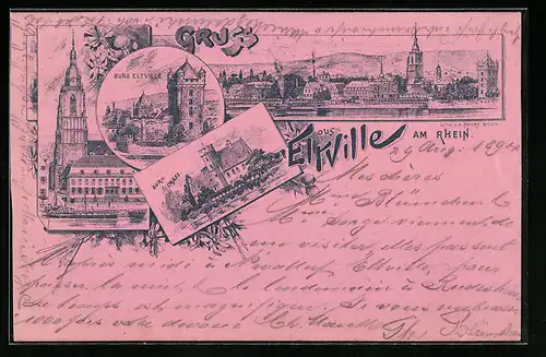 Vorläufer-Lithographie Eltville am Rhein, 1894, Burg Eltville, Burg Crass, Kirche