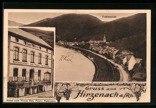 AK Hirzenach a. Rh., Totalansicht mit Ufer und Bahnschienen, Gastwirtschaft und Hotel Hirsch
