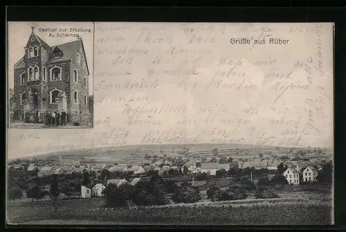 AK Rüber, Gesamtansicht aus der Vogelschau, Scherhags Gasthof zur Erholung