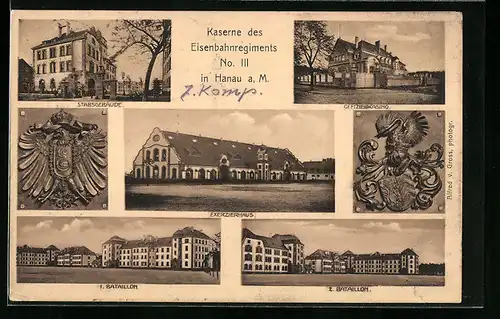 AK Hanau a. M., Kaserne des Eisenbahnregiments No. III, Stabsgebäude, Wappen, Offizierskasino