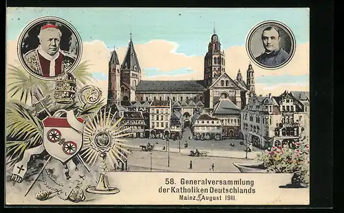 AK Mainz, Ortspartie mit Kirche, Anlasskarte Generalversammlung der Katholiken 1911, Wappen