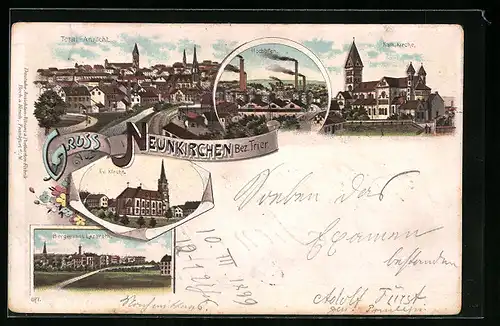 Lithographie Neunkirchen /Bez. Trier, Totalansicht, Hochöfen, Bergmanns-Lazareth