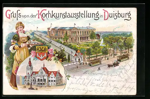 Lithographie Duisburg, Kochkunstausstellung, Ausstellungsgebäude mit Strasse und Strassenbahn, Köchin, Wappen