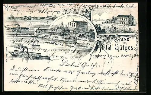 Lithographie Homberg /Rh., Panorama der Stadt, Hotel Gütges aus der Vogelschau