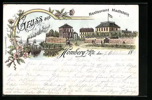 Lithographie Homberg /Rh., Restaurant Hadtstein mit Fähranleger