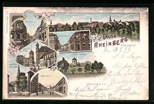 Lithographie Rheinberg, Totalansicht, Orsoyerstrasse, Rheinstrasse