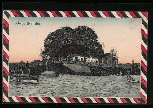 AK Orsoy /N`rhein, Gasthof Altes Zollhaus mit Rheindampfer