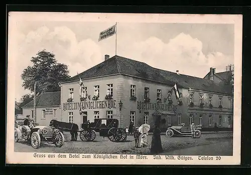 AK Mörs, Hotel zum Königlichen Hof Wilh. Gütges mit Kutschen und Automobilen