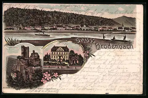 Lithographie Brodenbach, Totalansicht, Hotel zur Post