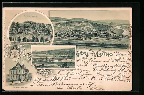 Lithographie Vlotho a. d. Weser, Amthausberg, Weserbrücke, Postgebäude
