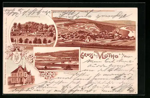 Lithographie Vlotho a. d. Weser, Amthausberg, Weserbrücke, Postgebäude