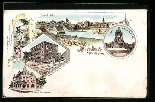 Lithographie Minden i. Westfalen, Kaiserl. Oberpostdirektion, Mindener Bankverein