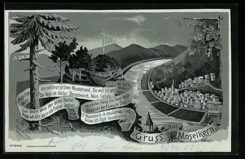 Mondschein-Lithographie Moselkern, Ortsansicht mit Bergen