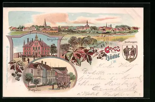 Lithographie Bünde i. W., Königl. Amtsgericht, Stadtgarten, Stadtwappen