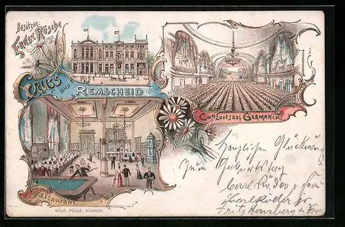 Lithographie Remscheid, Restaurant von Ernst Rüsche, Conzertsaal Germania