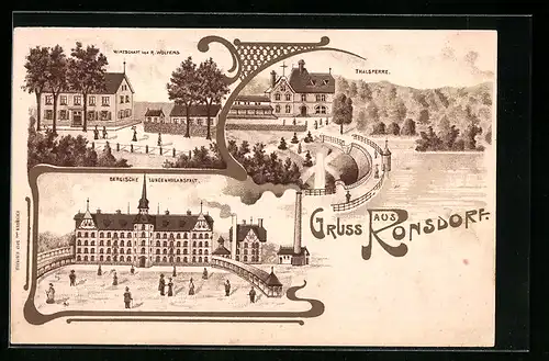 Lithographie Ronsdorf, Wirtschaft von R. Wolfers, Bergische Lungenheilanstalt, Thalsperre