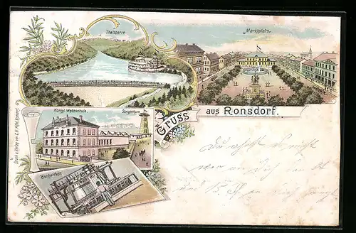 Lithographie Ronsdorf, Thalsperre, Marktplatz, Steigerthurm