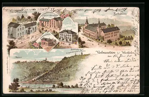 Lithographie Volmarstein i. Westfalen, Vereinshaus, Frauenheim, Kleinkinderschule