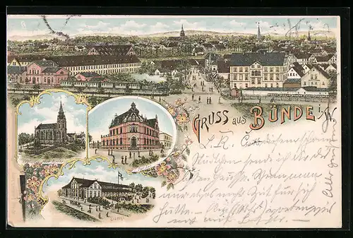 Lithographie Bünde, Post-Amt, Kirche