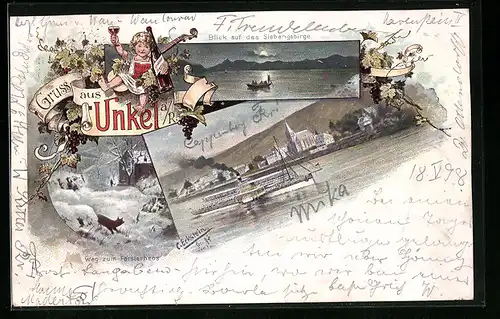 Lithographie Unkel a. R., Blick auf das Siebengebirge, Weg zum Försterhaus