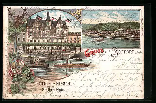 Lithographie Boppard a. Rh., Hotel zum Hirsch, Ortsansicht