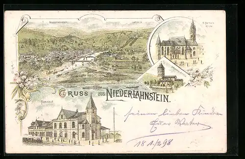 Lithographie Niederlahnstein, Gesamtansicht mit St. Barbara Kirche