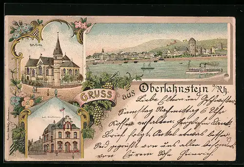 Lithographie Oberlahnstein a. Rh., Kath. Kirche, Ortsansicht