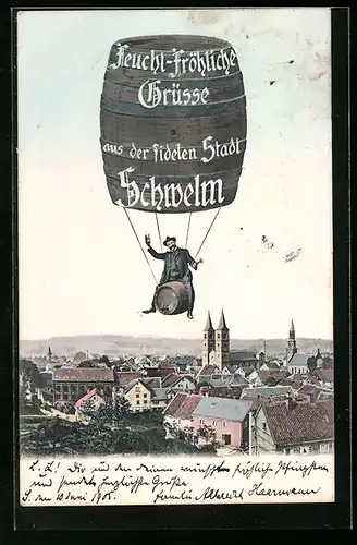 AK Schwelm, Mann auf Bierfass-Ballon wünscht feucht-fröhliche Grüsse