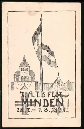 Künstler-AK Minden, 7. ATB Fest 28.7.-1.8.1921, Fahne vom Arbeiter-Turner-Bund