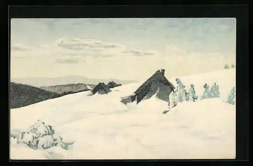 Künstler-AK Friedrich Iwan: Schneebedeckte Bohnwiesbauden