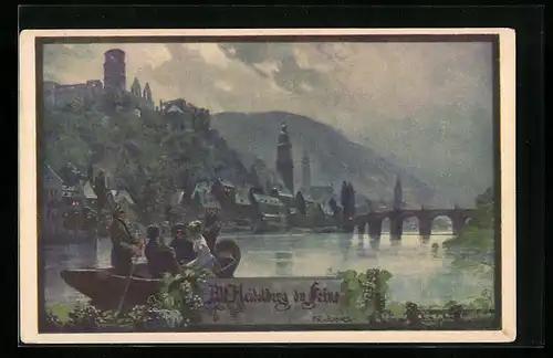 Künstler-AK Franz Jung-Ilsenheim: Alt-Heidelberg, Ruderpartie in der Dämmerung
