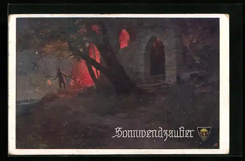 Künstler-AK Franz Jung-Ilsenheim, Deutscher Schulverein Nr. 645: Sonnwendzauber - Feuer hinter einer Ruine