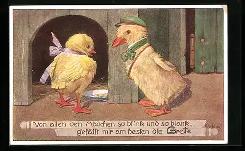 Künstler-AK Franz Jüchtzer: Von allen den Mädchen so blink und so blank..., Küken