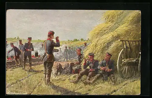 Künstler-AK Richard Knoetel: Soldaten bei einer Biwaksmahlzeit