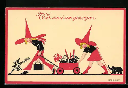 Künstler-AK Kerckhoff: Wir sind umgezogen, Bollerwagen, Spielzeug-Elefant