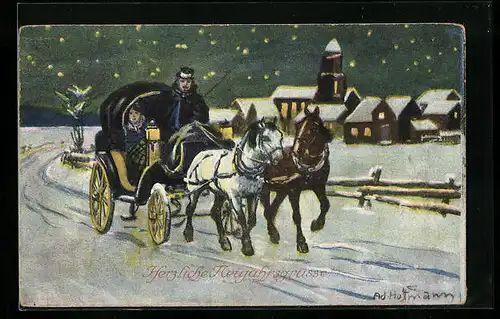 Künstler-AK Ad. Hoffmann: Kutsche im Schnee, Neujahrsgrüsse