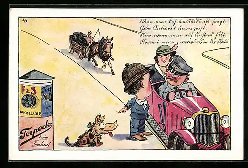 Künstler-AK Hundehalter fragt Autofahrer um Auskunft, Reklame für Torpedo Freilauf von der Fichtel & Sachs AG, Auto