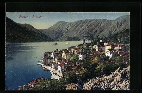 AK Perast, Blick auf den Ort in der Bucht