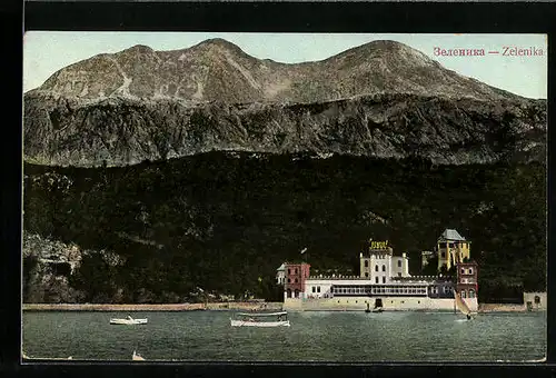 AK Zelenika, Blick vom Wasser aus auf das Hotel Pensio