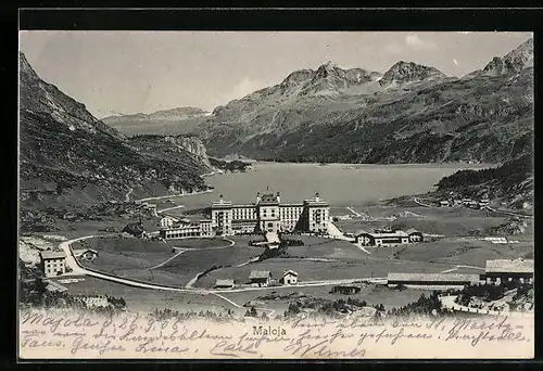 AK Maloja, Ortsansicht mit See und Bergpanorama